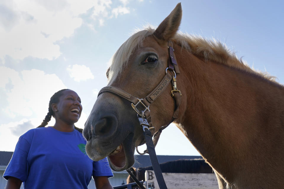 Dionne Williamson, of Patuxent River, Md., get Woody ready before her riding lesson at Cloverleaf Equine Center in Clifton, Va., Tuesday, Sept. 13, 2022. After finishing a tour in Afghanistan in 2013, the Navy lieutenant commander experienced disorientation, depression, memory loss and chronic exhaustion. As the Pentagon seeks to confront spiraling suicide rates in the military ranks, Williamson’s experiences shine a light on the realities for service members seeking mental health help. She eventually found stability through a monthlong hospitalization and a therapeutic program that incorporates horseback riding. (AP Photo/Susan Walsh)