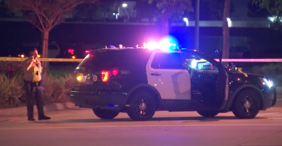 Deputies close off the area outside the Los Angeles County Sheriff’s Department station in the city of Industry. Authorities allege a young girl stole a gun from a deputy and died of a self-inflicted gunshot wound on March 24, 2024. (KTLA)