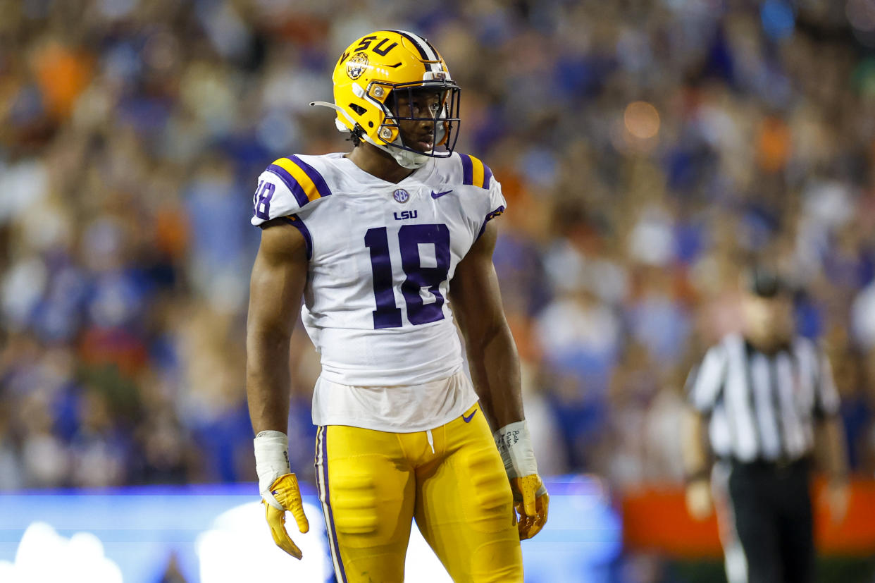 We project the first-round pick that's belonged to four different teams now to be LSU EDGE BJ Ojulari. (Photo by David Rosenblum/Icon Sportswire via Getty Images)