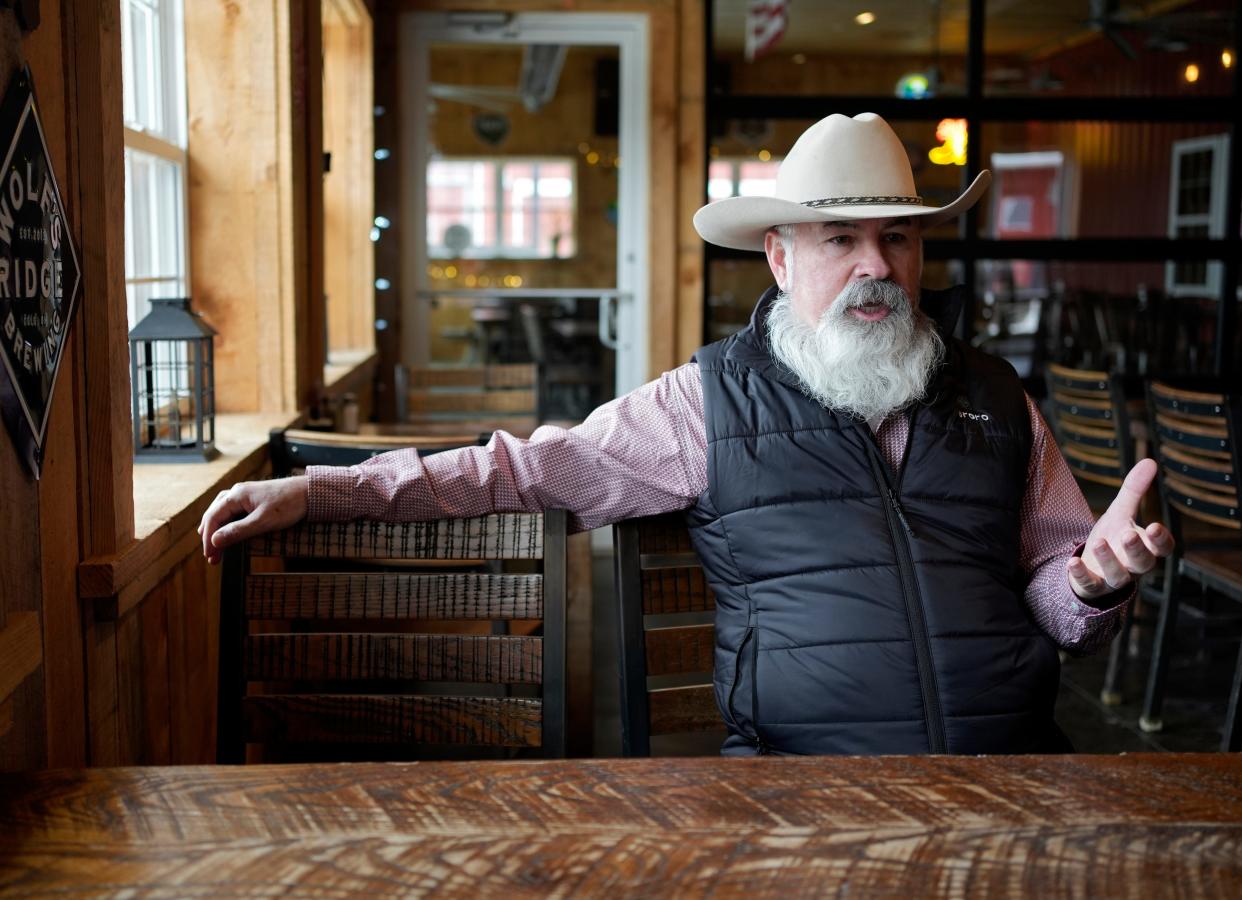 Joe Blystone discusses his bid to run for Ohio governor at Blystone's Farm Market in Canal Winchester on Monday, February 14, 2022.