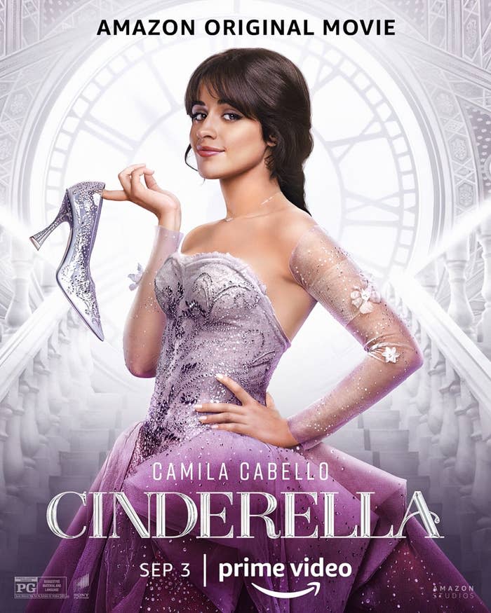 Poster image for the Amazon Original Movie Cinderella "Sep 3," showing Camila, hand on hip, in a strapless gown and dangling one shoe off her finger