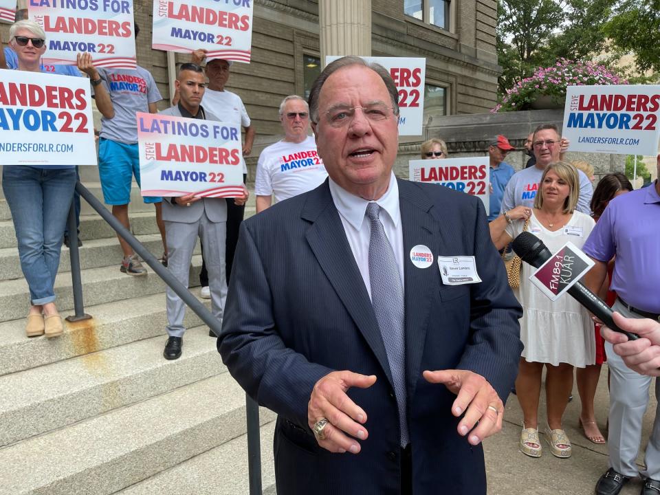 Steve Landers talks to reporters outside City Hall in Little Rock, Ark., after filing to run for mayor on Friday, July 29, 2022. Landers and two other candidates are challenging Mayor Frank Scott, the city's first popularly elected Black mayor in the upcoming November election. (AP Photo/Andrew DeMillo)