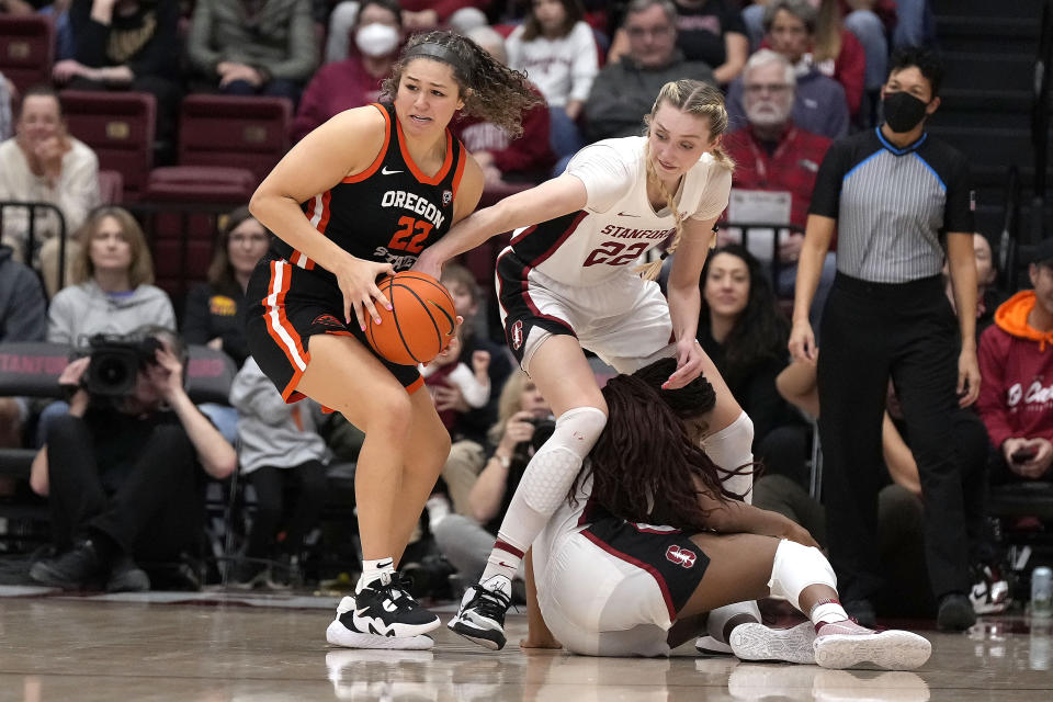 Oregon State guard Talia von Oelhoffen (22) steals the ball from Stanford forward Cameron Brink (22) during the second half of an NCAA college basketball game Friday, Jan. 27, 2023, in Stanford, Calif. Stanford won 63-60. (AP Photo/Tony Avelar)