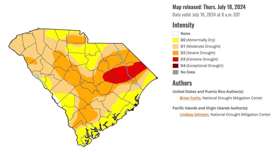 A map that shows drought conditions in South Carolina.