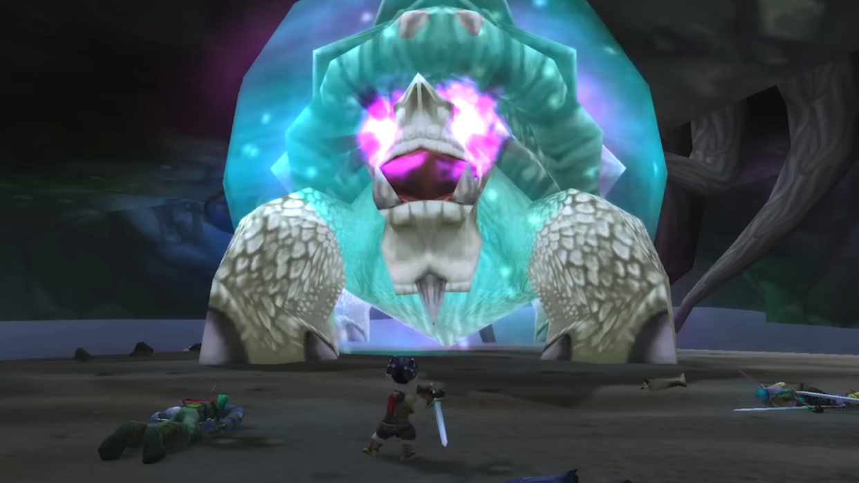  An image of a raid in World of Warcraft: Season of Discovery - a heroic gnome warrior does battle with a giant turtle, surrounded by her fallen comrades. 