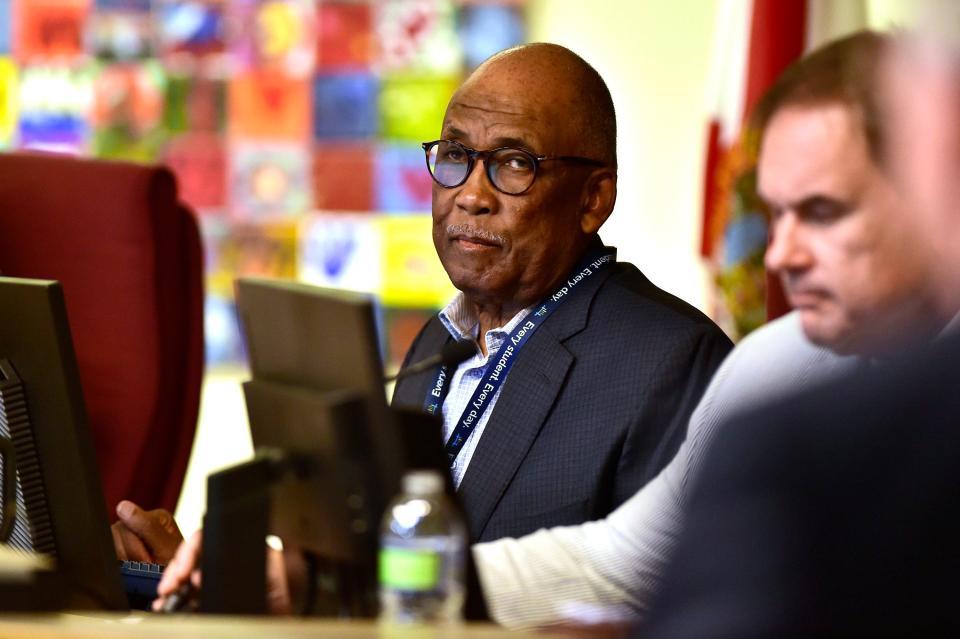 Duval County School Board member Warren Jones listens to discussions during a special meeing last week about the review of teacher misconduct complaints at Douglas Anderson School of the Arts.