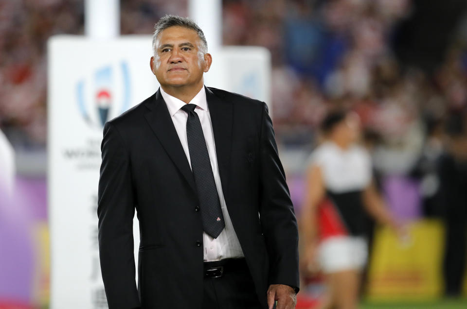 FILE - Japan coach Jamie Joseph watches his players warm up ahead of the Rugby World Cup Pool A game at International Stadium between Japan and Scotland in Yokohama, Japan, on Oct. 13, 2019. Japan has been a fan favorite at the last two Rugby World Cups for its underdog victories over top-tier teams. Its win over the Springboks in 2015 has passed into lore as the Miracle of Brighton and its victories over Scotland and Ireland in 2019 caused jubilation in a World Cup hosted by Japan. (AP Photo/Christophe Ena, File)