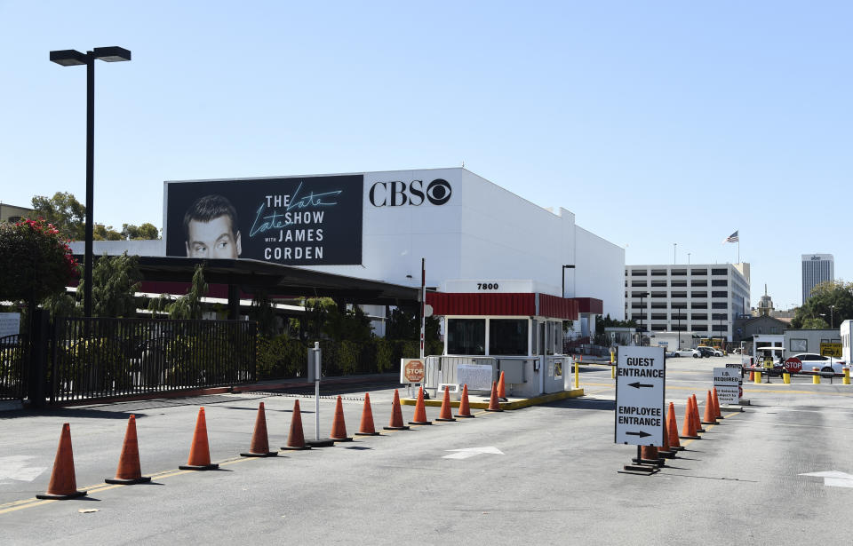 The entrance to CBS Television City studio is pictured, Friday, July 3, 2020, in Los Angeles. The CBS soap opera "The Bold and the Beautiful" resumes after production had been shut down for three months due to the outbreak of COVID-19. Executive producer Bradley Bell devised a detailed plan to create a safe working environment that includes social distancing, temperature checks, no craft service, required masks or shields and, the placement of mannequins to help ensure social distancing. (AP Photo/Chris Pizzello)