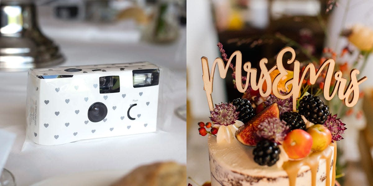 disposable camera at wedding next to mrs & mrs colorful cake topper