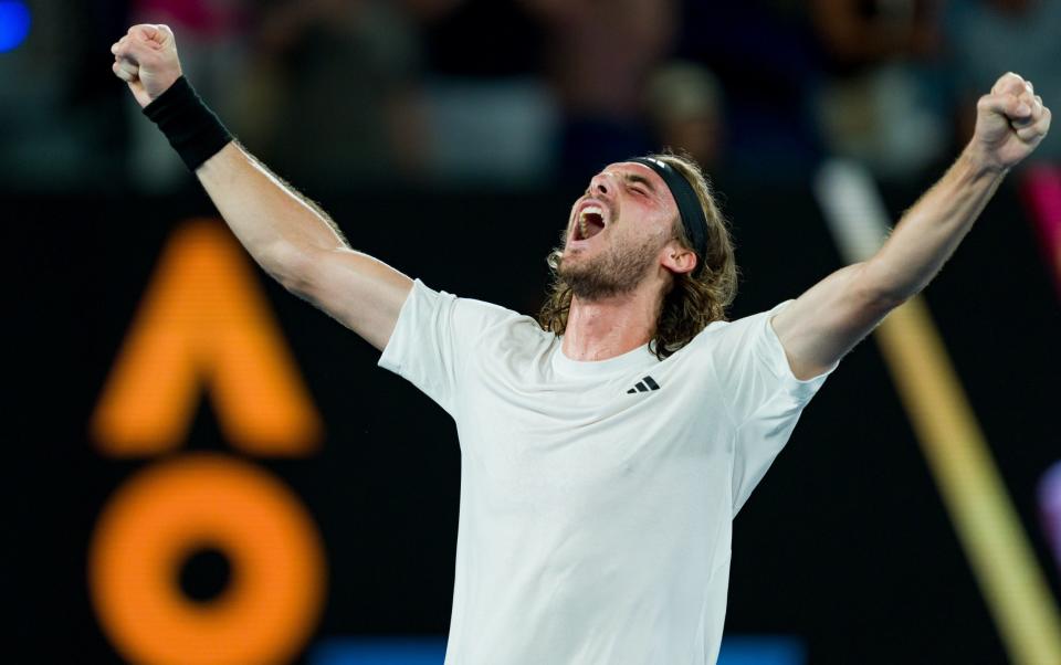 Stefanos Tsitsipas of Greece celebrates victory during his fourth round singles match against Jannik Sinner of Italy during day seven of the 2023 Australian Open - Andy Cheung/Getty Images