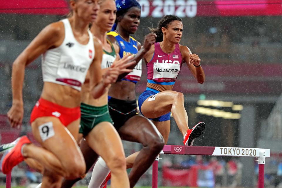 Sydney McLaughlin (USA) competes in the women's 400 hurdles semifinals.