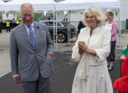 Britain's Prince Charles, Prince of Wales and Britain's Camilla, Duchess of Cornwall visit an Asda distribution centre to thank staff for their work during the coronavirus pandemic in Bristol, southwest England on July 9, 2020. (Photo by ARTHUR EDWARDS / POOL / AFP) (Photo by ARTHUR EDWARDS/POOL/AFP via Getty Images)