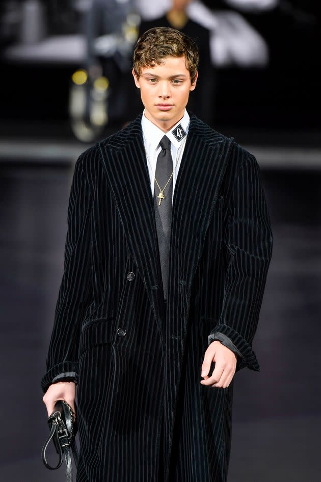 Bobby Brazier walks in the Dolce & Gabbana autumn/winter 2020-2021 fashion show on 11 January in Milan