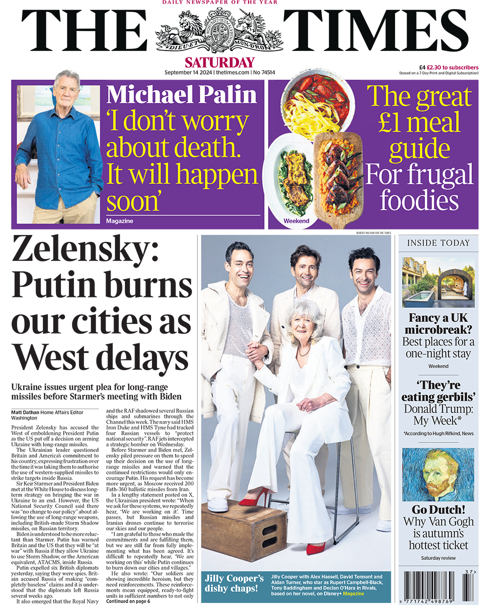 The headline on the front page of the Times reads:  'Zelensky: Putin burns our cities as West delays'.