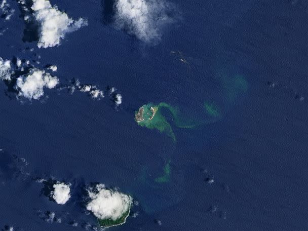 PHOTO: An aerial view of the submerged Fukutoku-Okanoba volcano, forming a new island near South Iwo Jima, Ogasawara Islands, Japan, Aug. 17, 2021. (Gallo Images via Getty Images)