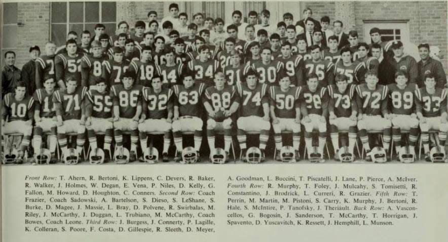 William F. Degan (No. 88, front row, center) played football at North Quincy High School and in college.