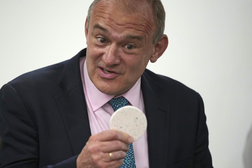 Liberal Democrats leader Sir Ed Davey, attends the General Election campaign trail at the center for adults with learning disabilities in Carshalton, London, Tuesday, June 18, 2024. (AP Photo/Kin Cheung)