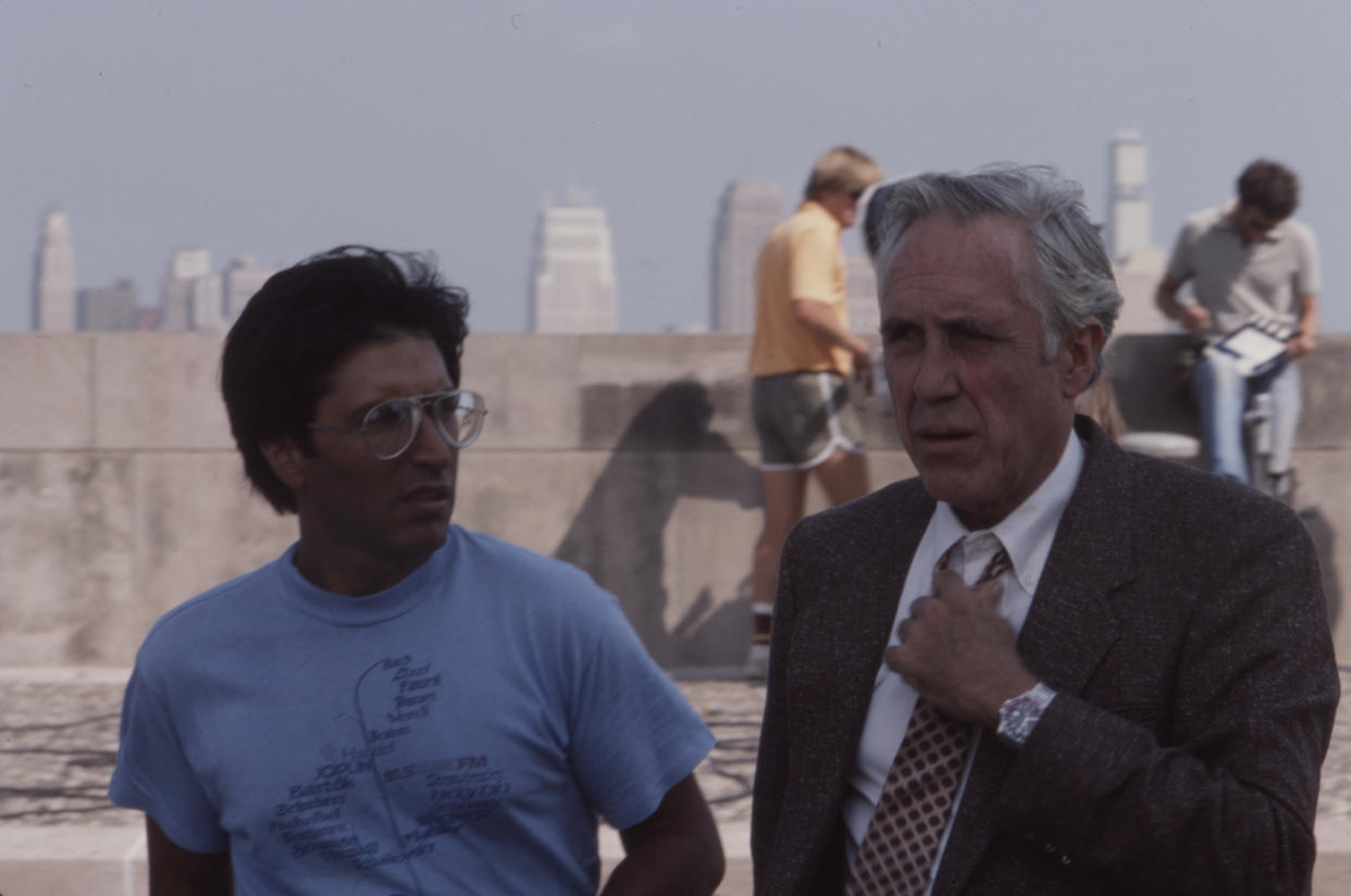 Lawrence, KS - 1983: (L-R) Director Nicholas Meyer, Jason Robards, behind the scenes, making of the ABC tv movie 'The Day After', about the effects of a nuclear war on a small mid-western town. (Photo by Dean Williams /American Broadcasting Companies via Getty Images)