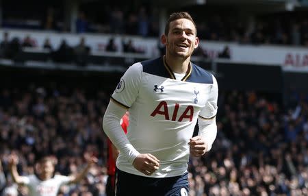 Britain Soccer Football - Tottenham Hotspur v AFC Bournemouth - Premier League - White Hart Lane - 15/4/17 Tottenham's Vincent Janssen celebrates scoring their fourth goal Action Images via Reuters / Paul Childs Livepic