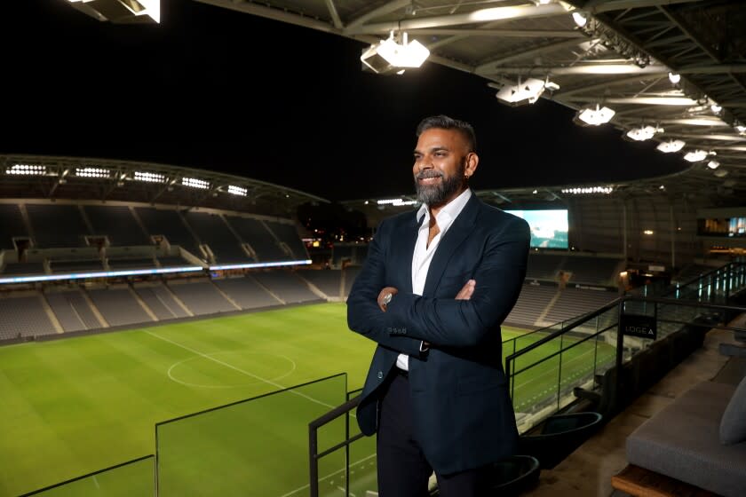 LOS ANGELES, CA - OCTOBER 27: Ramit Varma, who is running for the Mayor of Los Angeles, holds a launch event at Banc of California Stadium on Wednesday, Oct. 27, 2021 in Los Angeles, CA. (Gary Coronado / Los Angeles Times)