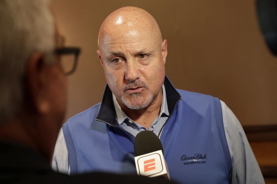 Washington Nationals general manager Mike Rizzo speaks during a media availability during the Major League Baseball general managers annual meetings Tuesday, Nov. 12, 2019, in Scottsdale, Ariz. (AP Photo/Matt York)