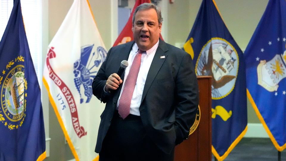 Former New Jersey Gov. Chris Christie addresses a gathering during a town hall style meeting at New England College, Thursday, April 20, 2023, in Henniker, N.H.