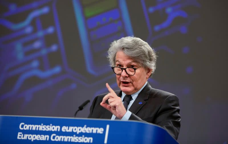 European Commissioner for Internal Market Thierry Breton attends a news conference in Brussels