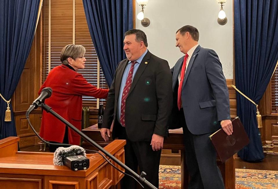Kansas Gov. Laura Kelly, a Democrat, rolled out her tax plan with the support of key senators Rob Olson, an Olathe Republican, an Dennis Pyle, a Hiawatha Independent.