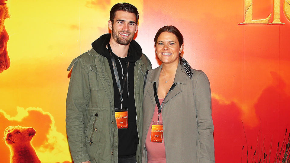 Western Bulldogs player Easton Wood and his wife Tiffany  attend The Lion King Melbourne special event screeningin July, 2019. (Photo by Graham Denholm/Getty Images for Disney)
