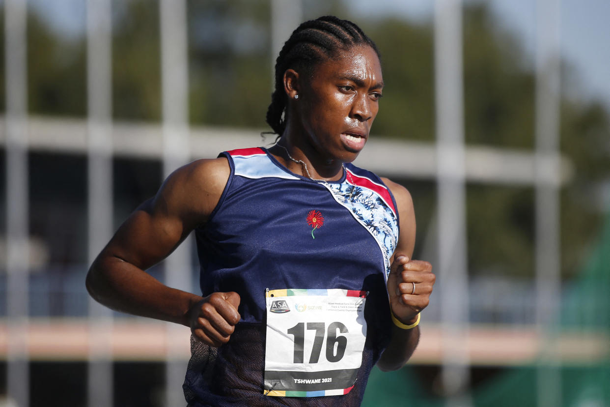 South African middle-distance runner and 2016 Olympic gold medallist Caster Semenya competes in the women's 5000m final during the Sizwe Medical Fund Athletics South Africa Senior Track and Field Championships held at the Tuks Athletics Stadium in Pretoria on April 15, 2021. (Photo by Phill Magakoe / AFP) (Photo by PHILL MAGAKOE/AFP via Getty Images)