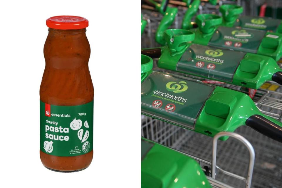 Woolworths Essential Chunky Tomato Pasta Sauce jar alongside trolleys