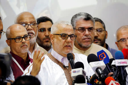 FILE PHOTO: Abdelilah Benkirane, secretary-general of Morocco's Islamist Justice and Development Party (PJD) speaks during a new conference at the party's headquarters in Rabat, Morocco early October 8, 2016. REUTERS/Youssef Boudlal/File Photo