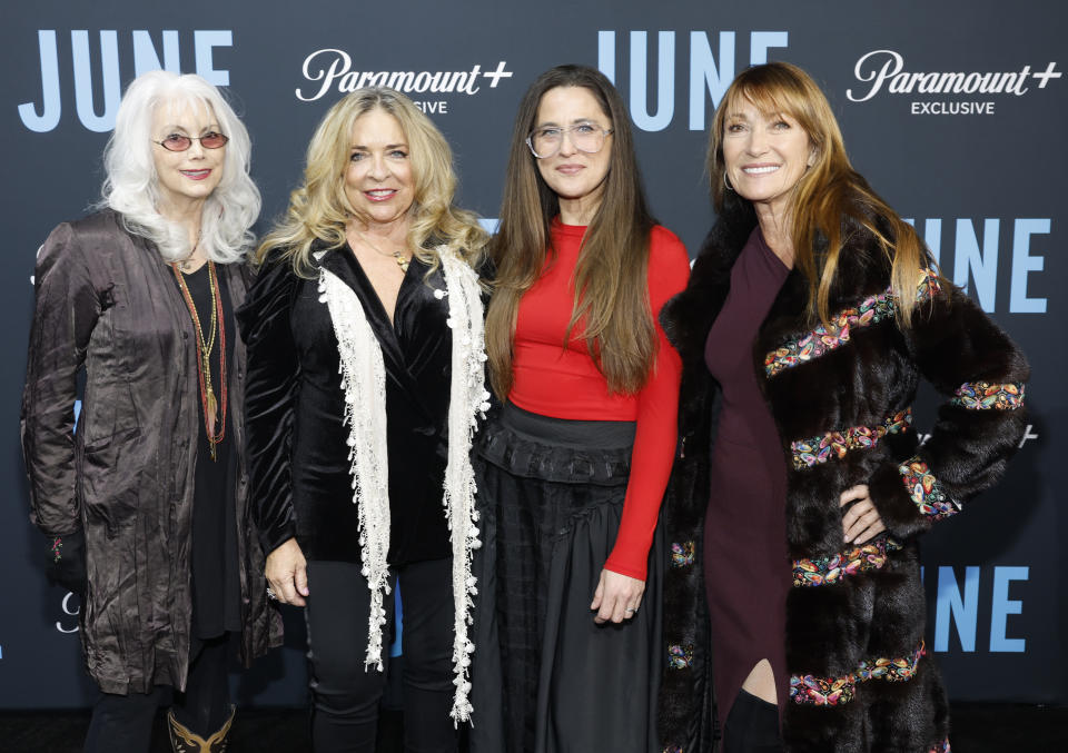 NASHVILLE, TENNESSEE - JANUARY 09: (L-R) Emmylou Harris, Executive Producer, Carlene Carter, Director, Kristen Vaurio and Jane Seymour attend the Nashville premiere of “JUNE: The Story of June Carter Cash” at Woolworth Theatre on January 09, 2024 in Nashville, Tennessee. (Photo by Jason Kempin/Getty Images)