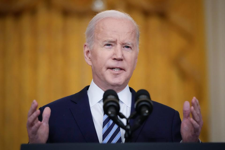 U.S. President Joe Biden delivers remarks about Russia's “unprovoked and unjustified" military invasion of neighboring Ukraine in the East Room of the White House on February 24, 2022 in Washington, DC. Biden announced a new round of sanctions against Russia after President Vladimir Putin launched an attack on Ukraine from the land, sea and air on Thursday.