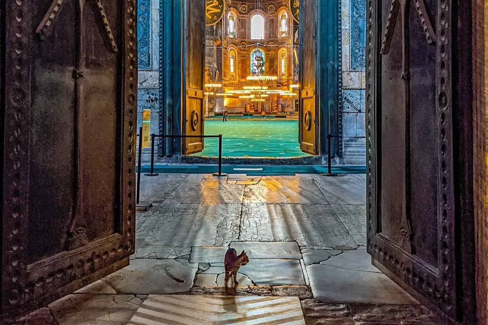 A standing in the entryway to Hagia Sophia, lit up through the doorway