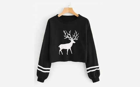 Shein Christmas Print Varsity Striped Crop Sweatshirt - Credit: Shein