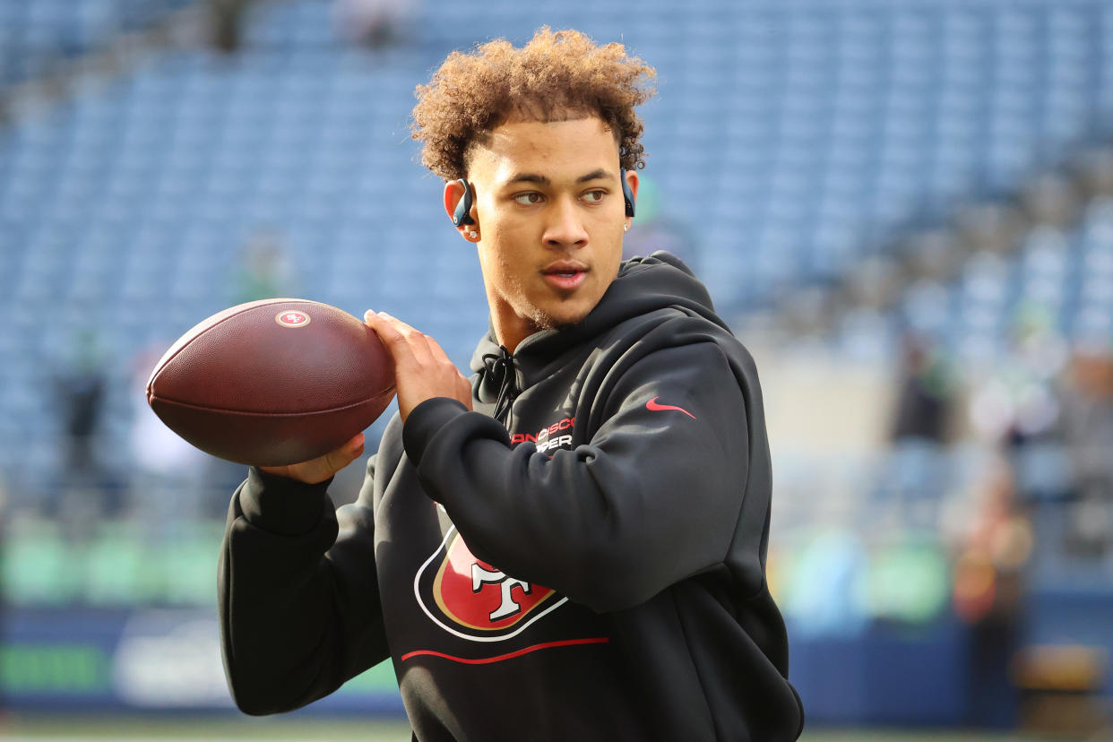 SEATTLE, WASHINGTON - DECEMBER 05: Trey Lance #5 of the San Francisco 49ers warms up before the game against the Seattle Seahawks at Lumen Field on December 05, 2021 in Seattle, Washington. (Photo by Abbie Parr/Getty Images)