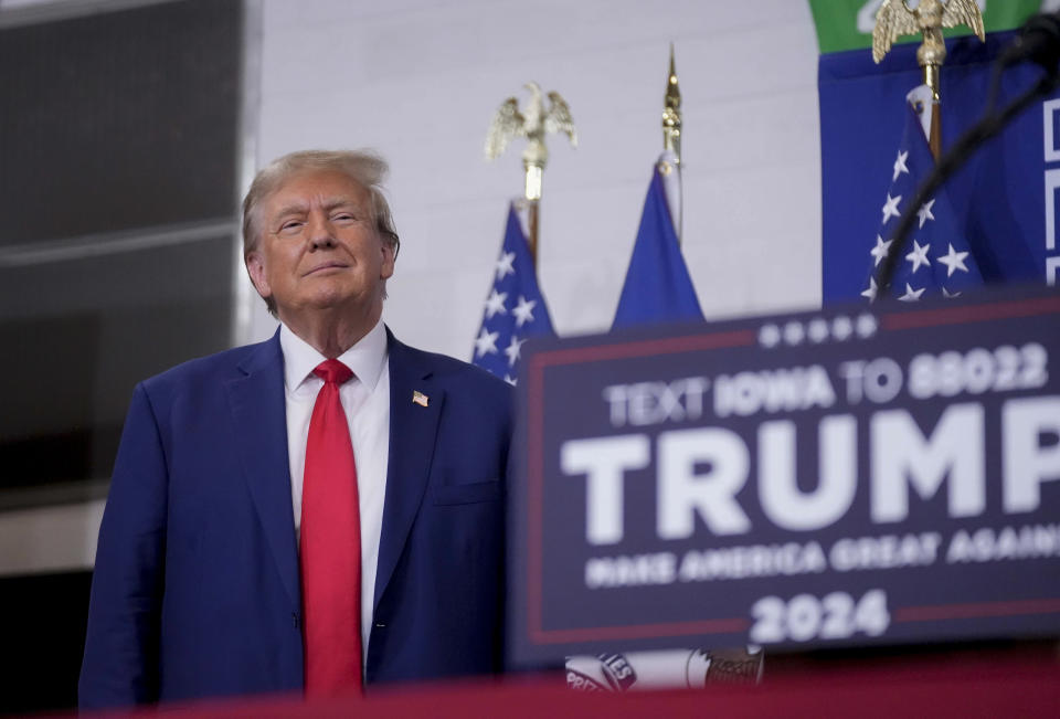 Republican presidential candidate and former President Donald Trump speaks during a rally, Saturday, Nov. 18, 2023, in Fort Dodge, Iowa. (AP Photo/Bryon Houlgrave)