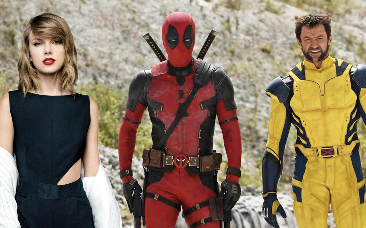  Deadpool and Wolverine walking next to Taylor Swift. 