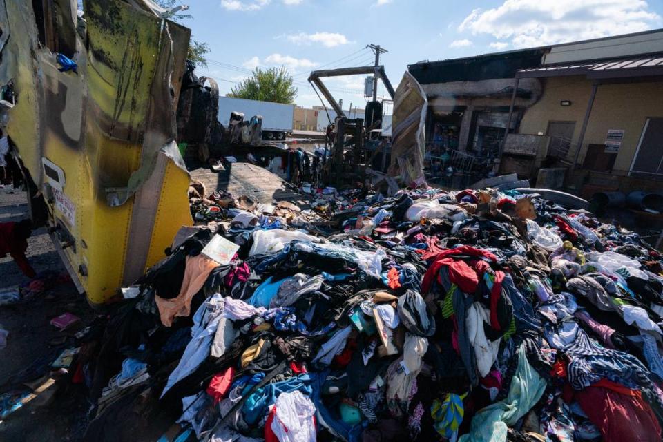 Outside of Savers in Fairview Heights on Oct. 31, 2023, after a three-alarm fire destroyed trailers full of donated clothes and did damage to the rear of the donation center. Joshua Carter/Belleville News-Democrat