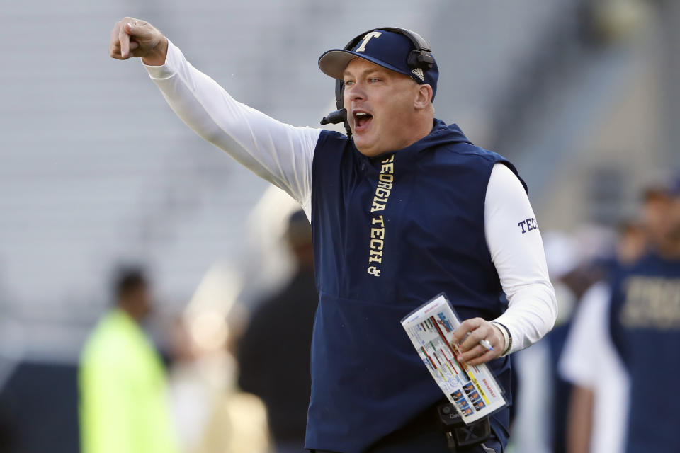 FILE - In this Saturday, Nov. 2, 2019, file photo, Georgia Tech head coach Geoff Collins reacts on the sideline in the first half of an NCAA college football game against Pittsburgh, in Atlanta. Georgia Tech will play at home against the nation's top-ranked team for the first time in 40 years when No. 1 Clemson, let by the high-profile tandem of quarterback Trevor Lawrence and running back Travis Etienne, puts its perfect record on the line on Saturday, Oct. 17. (AP Photo/John Bazemore, File)