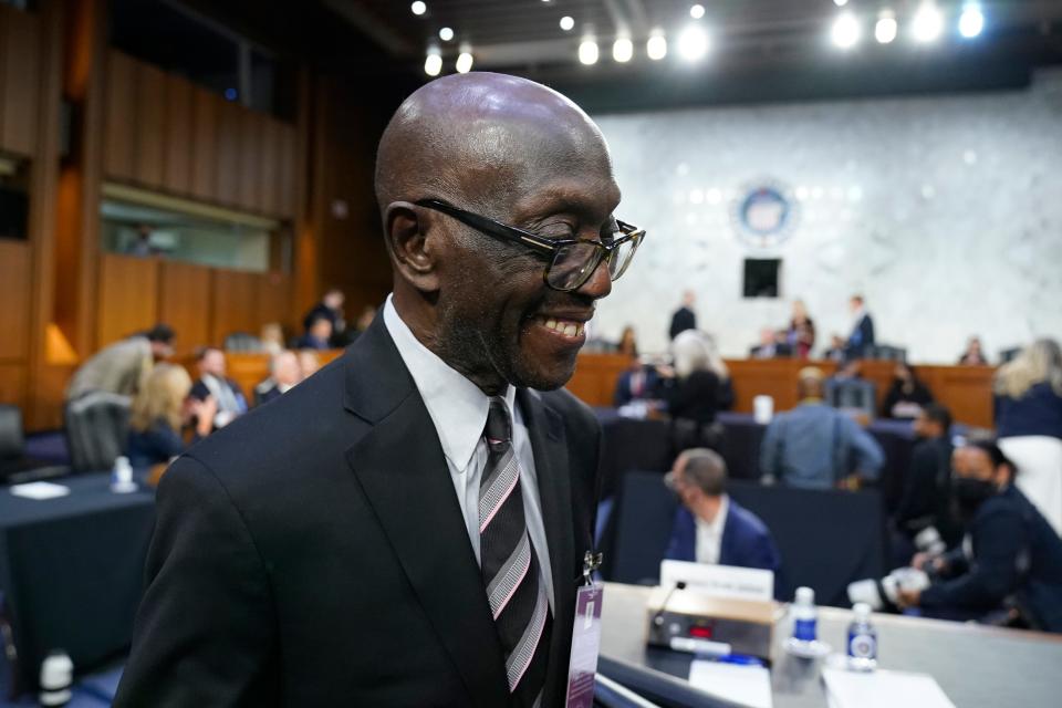 Johnny Brown, father of Supreme Court nominee Ketanji Brown Jackson, walks back into the room after a break, during her Senate Judiciary Committee confirmation hearing on Capitol Hill in Washington, Tuesday, March 22, 2022.