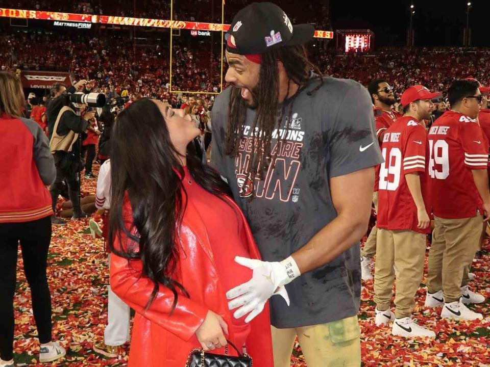 <p>Sydney Warner Instagram</p> Fred Warner and Sydney Warner celebrate after the San Francisco 49ers win the NFC Championship.