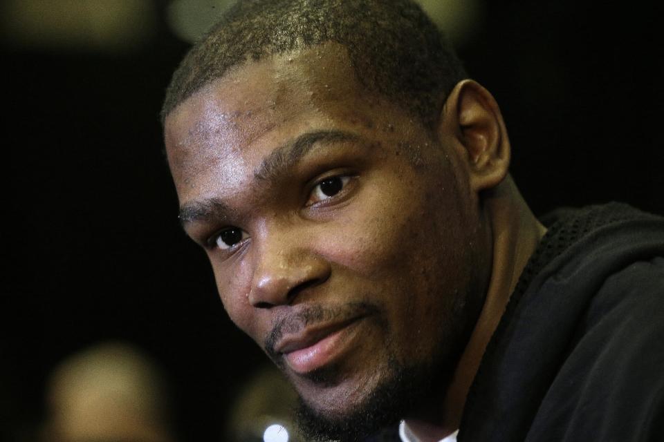 Oklahoma City Thunder's Kevin Durant speaks during the NBA All Star basketball news conference, Friday, Feb. 14, 2014, in New Orleans. The 63rd annual NBA All Star game will be played Sunday in New Orleans. (AP Photo/Gerald Herbert)