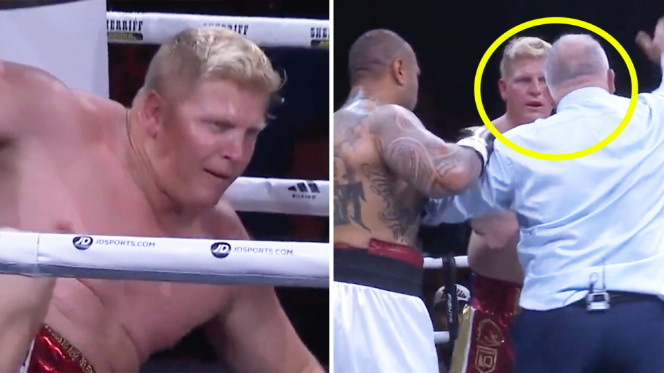 Ben Hannant knocked down and the referee breaks up the fight between Junior Paulo and Hannant.