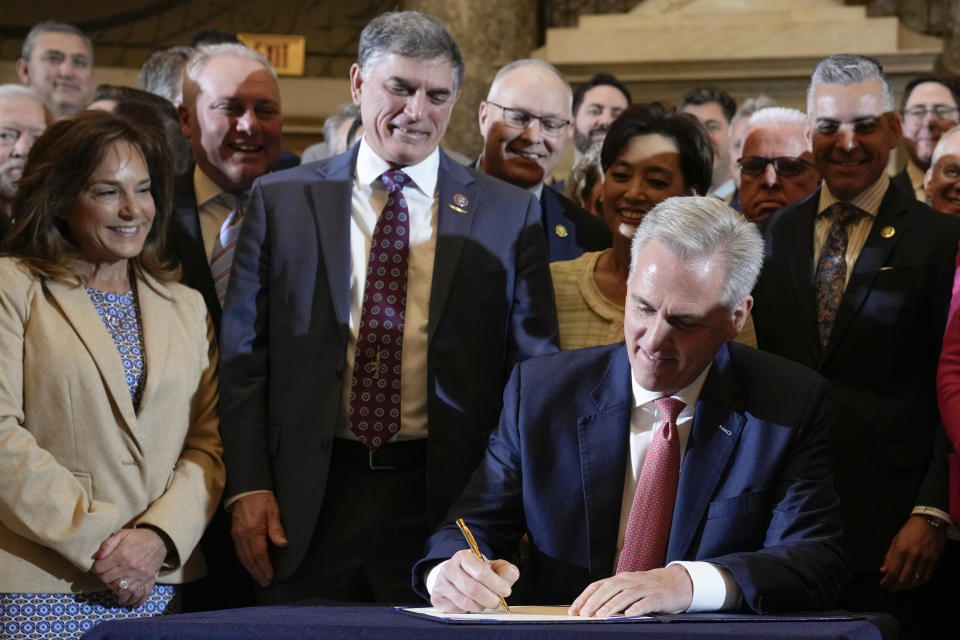 FILE - Speaker of the House Kevin McCarthy, R-Calif., holds a ceremony to nullify the D.C. crime bill, Friday, March 10, 2023, on Capitol Hill in Washington. (AP Photo/Mariam Zuhaib, File)