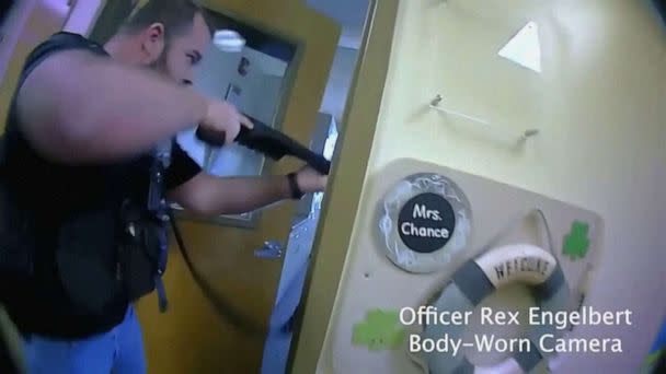 PHOTO: An image from Metro Nashville Police bodycam footage shows officers searching for the alleged shooter at The Covenant School in Nashville, Tenn., March 27, 2023. (Metropolitan Nashville Police Dept.)