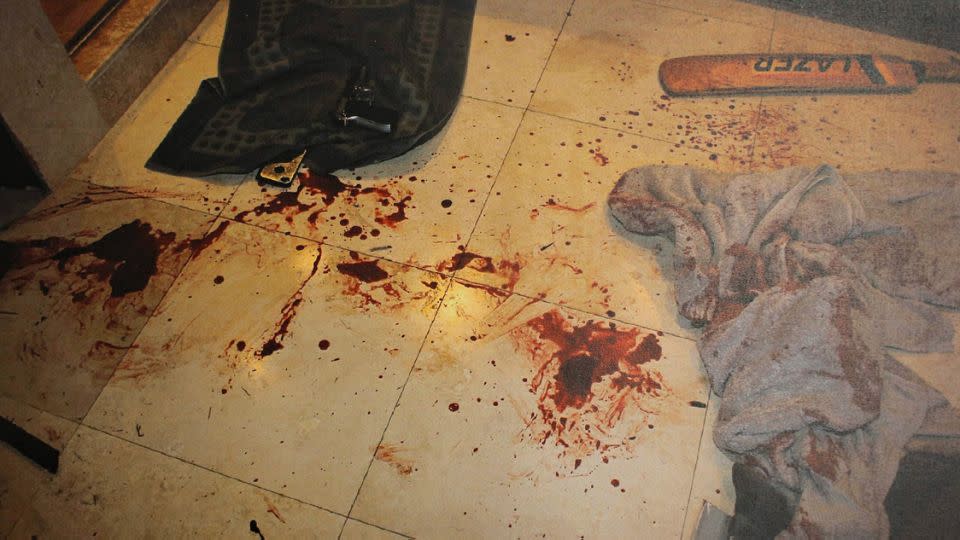 The bloodied scene of Ms Steenkamp's murder in Oscar's apartment. Photo: South African Police Service