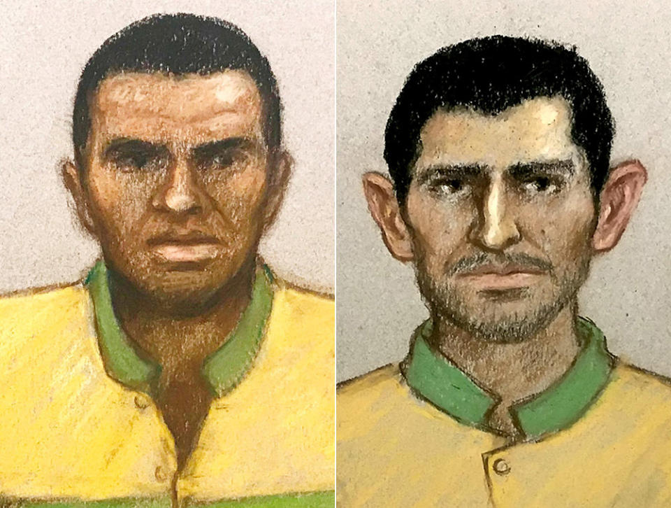 An artists' impression from an earlier hearing showing Svenson Ong-a-kwie (left) and Manuel Petrovic (right). (PA)