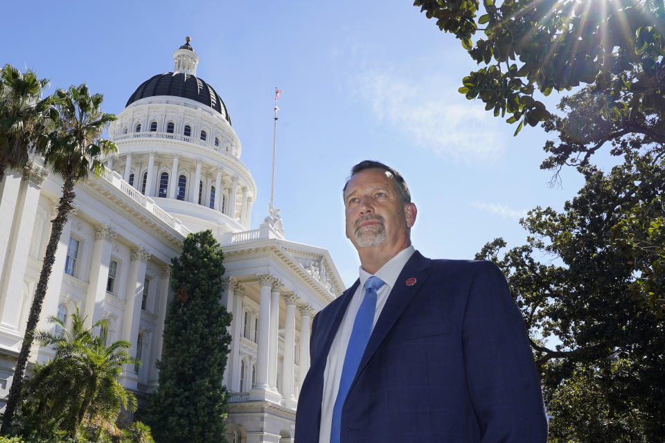 Republican gubernatorial candidate, state Sen. Brian Dahle, poses at the state Capitol in Sacramento, Calif., Wednesday, Sept. 28, 2022. Dahle is a long shot to unseat incumbent Democratic Gov. Gavin Newsom in the Nov. 8, 2022 election. (AP Photo/Rich Pedroncelli)